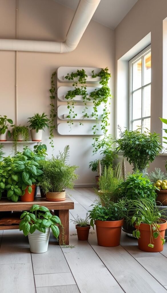 A bright, airy indoor space showcasing a variety of creative herb garden setups. In the foreground, a rustic wooden shelf displays an assortment of potted herbs - from lush green basil and fragrant rosemary to delicate thyme and vibrant chives. The middle ground features a sleek, minimalist wall-mounted hydroponic system with cascading vines of leafy greens. In the background, a large window bathes the scene in warm, natural light, complementing the earthy tones and greenery. The overall atmosphere evokes a sense of tranquility and culinary inspiration, perfect for the avid home cook.