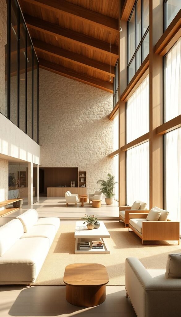 A bright, airy interior with natural stone walls, sleek glass partitions, and warm wooden accents. Sunlight filters through large windows, casting a soft, diffused glow across the space. Minimalist furniture in neutral tones complements the organic materials, creating a serene, elegant atmosphere. The layout seamlessly integrates the indoors and outdoors, blurring the boundaries between the two. Precisely arranged accessories and carefully curated decor elements add subtle refinement to the overall design. A harmonious, luxurious sanctuary that evokes a sense of timeless sophistication.