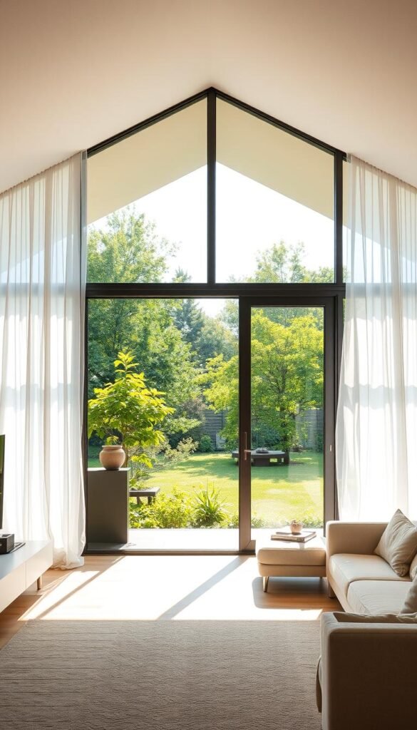 A bright, airy living space with expansive glass doors that seamlessly connect the interior to a lush, verdant garden. Sunlight streams through the large, floor-to-ceiling panels, casting a warm, natural glow throughout the room. Wispy white curtains billow softly, adding a sense of effortless elegance. The minimalist, modern furnishings create a harmonious balance, allowing the verdant outdoor scenery to take center stage. A few strategically placed mirrors reflect the natural light, enhancing the illusion of spaciousness. The overall atmosphere is one of tranquility and seamless integration between the indoor and outdoor environments.