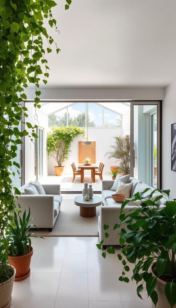 A bright, airy space where the indoors seamlessly blends with the outdoors. In the foreground, large sliding glass doors open to a lush, verdant patio, framed by trailing vines and potted plants. Natural light floods the minimalist living room, where plush sofas and armchairs invite relaxation. The middle ground features a dining area with a wooden table and chairs, surrounded by verdant foliage spilling in from the outside. In the background, a tranquil water feature reflects the sky, creating a calming ambiance. Soft, diffused lighting illuminates the scene, evoking a serene, harmonious atmosphere where the boundaries between inside and out are beautifully blurred.