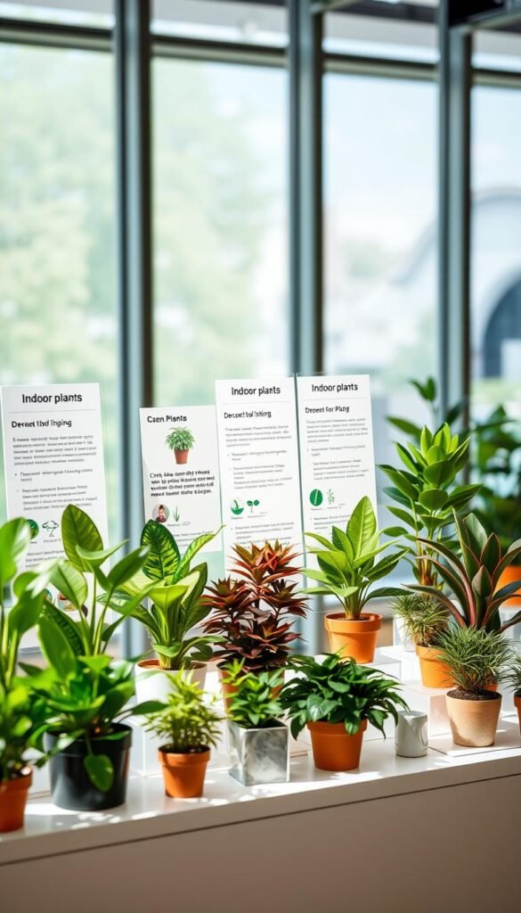 A bright, well-lit indoor plant selection guide displayed on a clean, minimalist table. In the foreground, a variety of potted plants in different shapes, sizes, and foliage colors are neatly arranged, showcasing their unique visual appeal. The middle ground features informative placards describing the plant types, their care requirements, and suitable room conditions. The background has a subtle, blurred natural landscape or architectural elements, creating a serene, inspiring atmosphere. The overall composition emphasizes the beauty and versatility of indoor plants, inviting the viewer to envision how they could enhance their living space.
