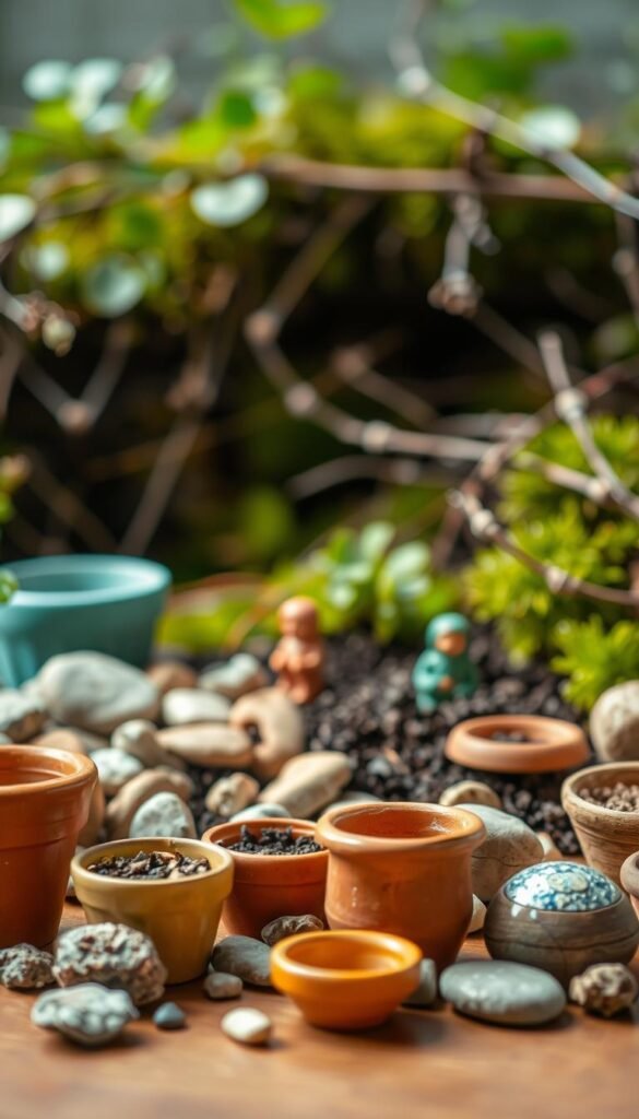 A brightly lit, close-up shot of an assortment of materials for creating a children's dish garden. In the foreground, a variety of small, colorful ceramic pots, terracotta planters, and stone decorations sit on a wooden surface. The middle ground features a mix of potting soil, small river rocks, and miniature figurines, such as fairies, gnomes, or animals. In the background, blurred, out-of-focus greenery and natural elements like twigs, moss, and leaves create a whimsical, natural backdrop. The overall composition has a warm, inviting tone, with soft, diffused lighting that enhances the textures and colors of the materials, evoking a sense of creativity and hands-on engagement for young DIY gardeners.