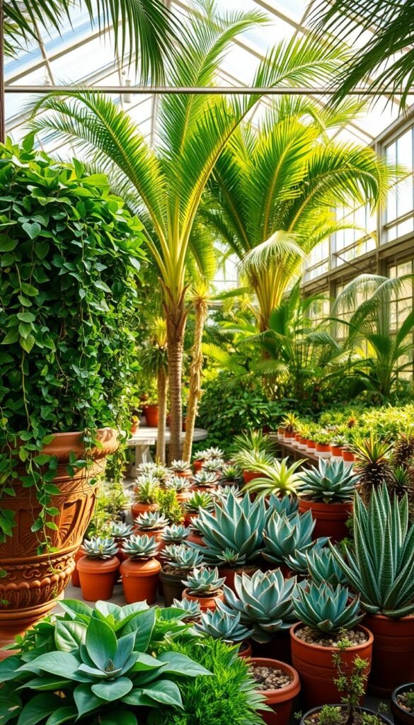 A captivating botanical display in a sun-dappled greenhouse, housing a curated collection of rare and exotic plant specimens. In the foreground, lush, verdant foliage cascades from ornate terracotta planters, their leaves gently swaying in the warm, humid air. The middle ground showcases a diverse array of potted succulents, their intricate patterns and vibrant hues complementing the surrounding greenery. In the background, towering palms and ferns create a lush, jungle-like ambiance, their fronds filtering the soft, golden light flooding through the glass walls. The overall scene evokes a sense of tranquility and a deep appreciation for the beauty and diversity of the natural world.