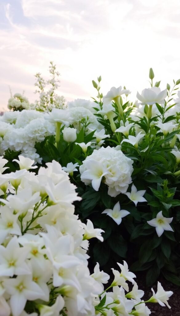 A carefully curated selection of white flowering plants arranged in a natural, serene setting. In the foreground, delicate blossoms of white roses, jasmine, and gardenias create a soft, ethereal focal point. The middle ground features lush, verdant foliage of white hydrangeas, lilies, and peonies, framing the composition. In the background, wispy clouds drift across a bright, ambient sky, casting a gentle, natural light upon the scene. The overall mood is one of elegant simplicity, inviting the viewer to imagine the tranquil beauty of a white flower garden.