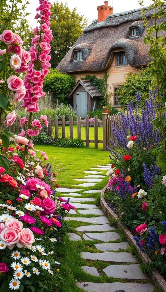 A charming and whimsical cottage garden, overflowing with vibrant blooms in a soft, warm afternoon light. In the foreground, a meandering stone path leads through a profusion of colorful flowers - delicate English roses, cheerful daisies, and fragrant lavender. Towering hollyhocks and lush green foliage frame the scene, creating a sense of cozy enclosure. In the middle ground, a rustic wooden fence separates the garden from a verdant lawn, while a quaint garden shed sits nestled among the greenery. The background features a picturesque thatched-roof cottage, its weathered walls complementing the natural, informal aesthetic. The overall mood is one of tranquility, inviting the viewer to step into this idyllic, quintessentially English garden oasis.