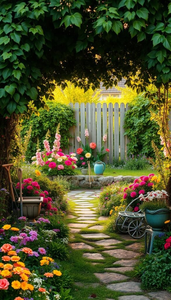 A charming cottage garden bursting with vibrant blooms and lush foliage. In the foreground, a winding path leads through a tapestry of colorful perennials and cascading vines. Antique garden tools and weathered wooden planters add rustic accents. In the middle ground, a quaint stone-lined flower bed hosts a variety of cottage-style flowers like delphinium, hollyhocks, and climbing roses. The background features a picturesque weathered wooden fence, partially obscured by overgrown greenery, creating a sense of enchanting seclusion. Warm, golden afternoon light filters through the verdant canopy, casting a soft, romantic glow over the entire scene. A tranquil, inviting atmosphere that embodies the charming cottagecore aesthetic.