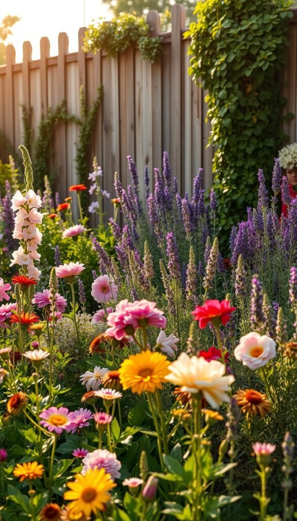 A charming cottage garden filled with a vibrant array of lush, blooming plants. In the foreground, a whimsical mix of colorful flowers like delphiniums, peonies, and hollyhocks sway gently in a soft breeze. The middle ground features an array of fragrant herbs, such as lavender, rosemary, and thyme, creating a harmonious tapestry of textures and hues. In the background, a wooden fence is adorned with climbing vines, framing the scene with a touch of rustic elegance. The lighting is warm and golden, evoking a sense of timeless countryside tranquility. Captured with a wide-angle lens, the image conveys the inviting, cozy ambiance of a classic cottage garden.