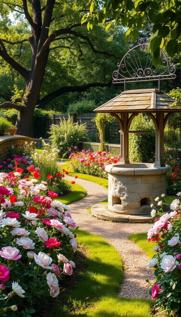 A charming cottage garden, its lush beds overflowing with a profusion of blooms - delicate roses, frilly peonies, and whimsical poppies. Winding gravel paths beckon, leading the eye through the verdant oasis. Dappled sunlight filters through a canopy of old-growth trees, casting a warm, golden glow. Ornate wrought-iron trellises support climbing vines, their tendrils reaching skyward. A picturesque stone well stands as a focal point, its weathered surface a testament to the garden's timeless allure. This serene, quintessentially English scene captures the essence of a classic flower garden, inviting the viewer to step inside and lose themselves in its timeless charm.