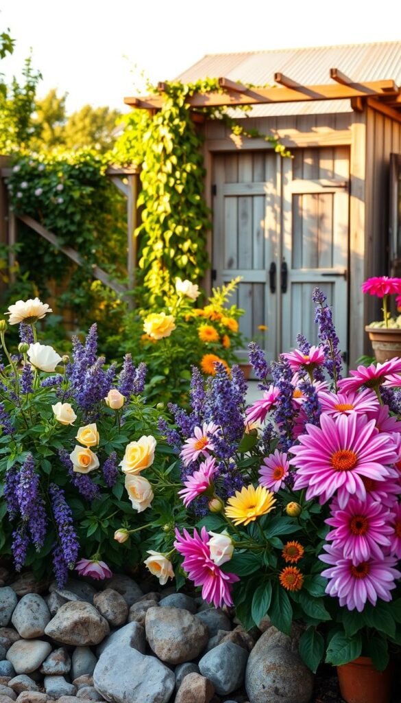A charming cottage garden scene, captured in soft, golden afternoon light. In the foreground, a lush arrangement of colorful blooms - delicate English roses, cascading lavender, and cheerful dahlias. Underfoot, a scattering of smooth river rocks and weathered terracotta pots. In the middle ground, a sturdy wooden trellis draped with fragrant, trailing vines. Beyond, a rustic garden shed, its weathered boards and tin roof framing the scene. The overall mood is one of rustic, natural beauty - a harmonious blend of organic textures, earthy tones, and vibrant floral accents.