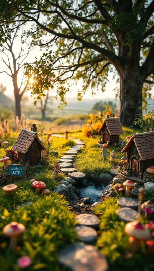A charming fairy garden scene in a well-lit, whimsical meadow. In the foreground, miniature fairy houses, toadstools, and enchanted flora beckon curious young explorers. In the middle ground, a winding stone path leads to a small, bubbling stream where fairy figurines splash playfully. The background features a lush, verdant landscape with towering trees and a soft, golden-hour sky. Captured with a wide-angle lens to emphasize the sense of childlike wonder and imagination.