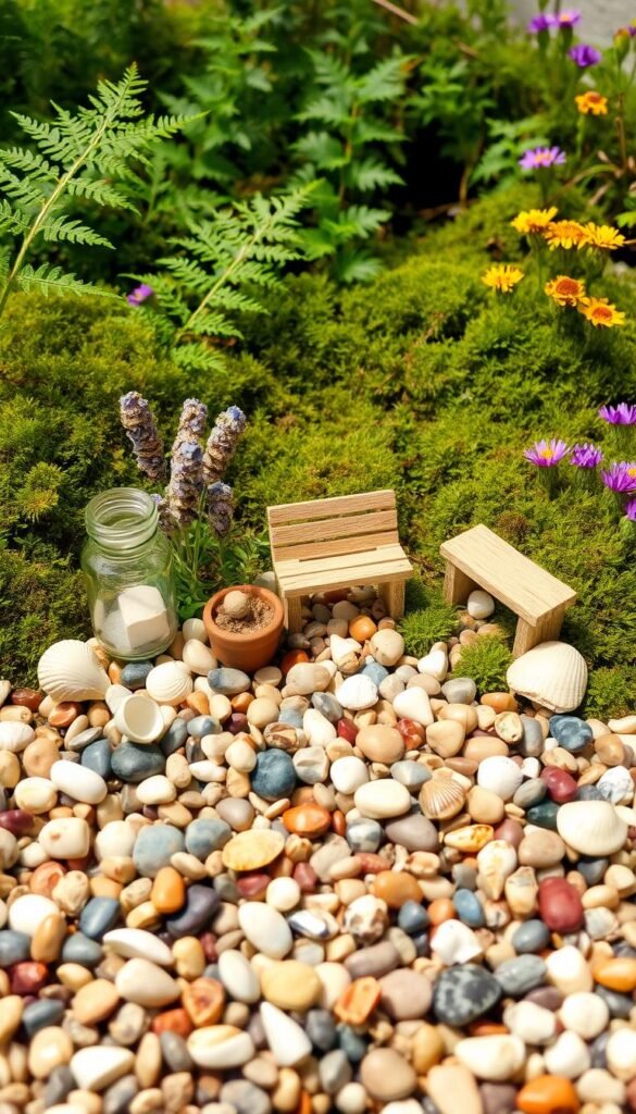 A charming fairy garden scene with budget-friendly supplies, showcasing an array of whimsical elements arranged in a natural, harmonious layout. In the foreground, an assortment of tiny, colorful pebbles, seashells, and smooth river rocks create a delicate, earthy path. Tiny terracotta pots, recycled glass jars, and a miniature wooden bench dot the middle ground, accented by a sprinkling of dried lavender and fragrant herbs. In the background, a lush, verdant background of ferns, moss, and vibrant wildflowers frames the scene, creating a serene, enchanted atmosphere. Soft, diffused lighting casts a warm, magical glow over the entire composition, conveying a sense of cozy, budget-friendly whimsy.
