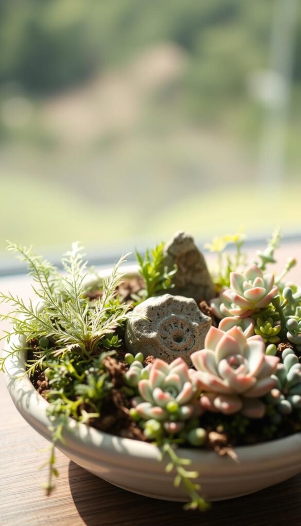 A charming miniature garden setup nestled in a cozy dish, with lush foliage and delicate succulents cascading over the edges. Soft, diffused natural lighting bathes the scene, creating a serene and inviting atmosphere. In the foreground, a variety of small-scale plants - from wispy ferns to plump, rosette-shaped echeverias - are artfully arranged, their textures and colors complementing each other. The middle ground features a small, weathered stone or ceramic accent piece, adding a touch of rustic elegance. In the background, a blurred, out-of-focus landscape hints at a peaceful, verdant setting, drawing the viewer's eye inward. The overall composition exudes a sense of tranquility and the enchanting appeal of a well-crafted dish garden.
