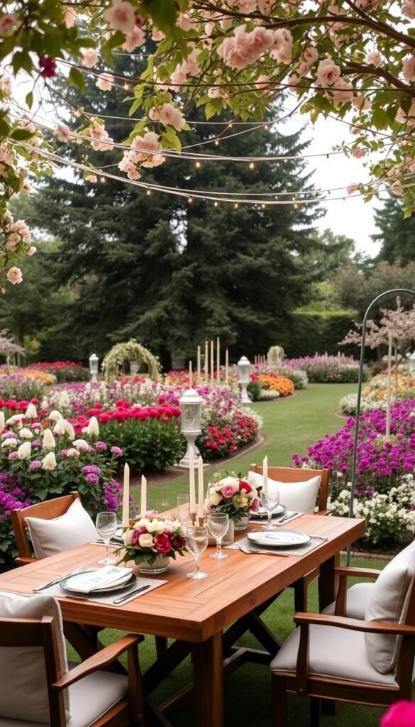 A charming outdoor dining setup nestled in a lush, blooming garden. In the foreground, a wooden table is adorned with delicate floral centerpieces, candlesticks, and fine china. Plush, cushioned chairs invite guests to linger. Hanging from above, a canopy of twinkling fairy lights casts a warm, enchanting glow. Surrounding the setting, vibrant flower beds in shades of pink, purple, and white create a picturesque backdrop. A gentle breeze rustles the leaves of the towering trees, contributing to the serene, romantic atmosphere. The scene is captured through a soft, dreamlike lens, emphasizing the tranquil, idyllic mood.