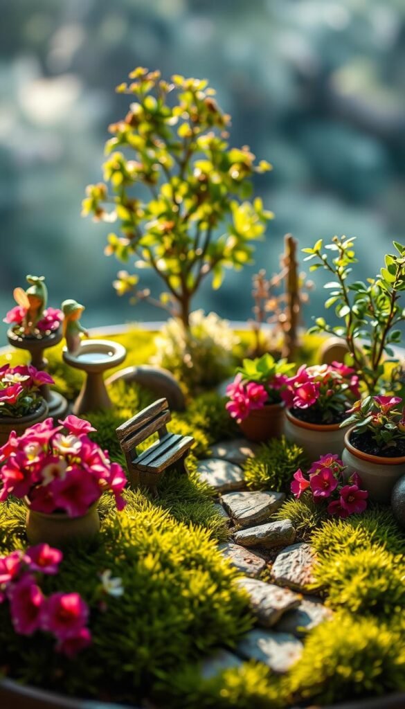 A charming tabletop fairy garden with lush, miniature foliage, delicate flowers, and whimsical fairy figurines. In the foreground, a small stone path winds through a carpet of soft moss, leading to a diminutive wooden bench and a birdbath. Vibrant, jewel-toned blooms spill from ceramic pots, their petals catching the warm, golden light filtering through the scene. In the middle ground, a cluster of miniature trees and shrubs create a sense of depth, their leaves casting gentle shadows. In the background, a wispy, ethereal forest fills the space, hinting at the enchanted world beyond. The composition is balanced, the mood tranquil and inviting, capturing the essence of a whimsical tabletop fairy garden.