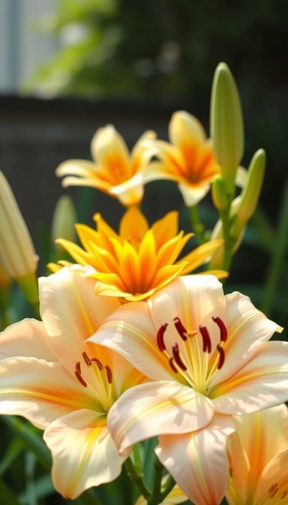 A close-up comparison of two distinct lily species - the elegant True Lily and the vibrant Daylily. In the foreground, the large, stately blooms of the True Lily with their delicate petals and distinct stamens, backlit by soft, natural lighting. In the middle ground, the clusters of Daylily flowers, their petals radiating outward in a burst of warm, golden hues. The background softly blurred, allowing the viewer to focus on the intricate details and subtle differences between these two lily varieties. The scene captures the essence of these captivating blooms, showcasing their unique characteristics and the beauty that makes them standouts in any flower garden.