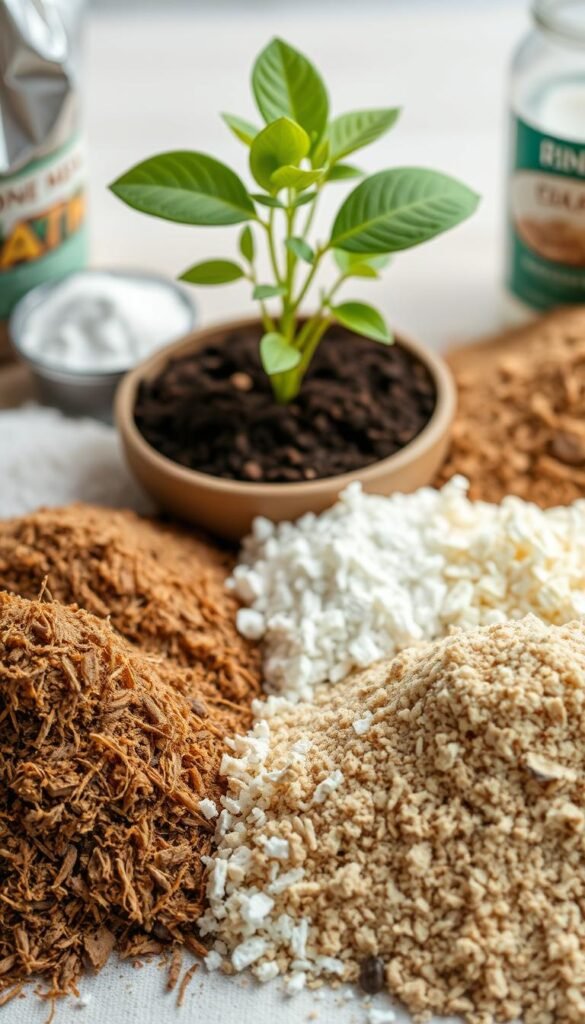 A close-up, highly detailed still life composition of the various components that make up a high-quality potting soil mixture. Prominently featured in the foreground are different types of organic materials, such as peat moss, compost, and vermiculite, arranged in distinct piles. The middle ground showcases a selection of nutrient-rich amendments like bone meal, blood meal, and lime. In the background, a shallow container filled with the fully blended potting soil mixture takes center stage, with a lush, healthy plant growing from it. The lighting is soft and natural, emphasizing the textures and colors of the organic materials. The overall scene conveys a sense of balance, nourishment, and the key ingredients needed for thriving container gardens.