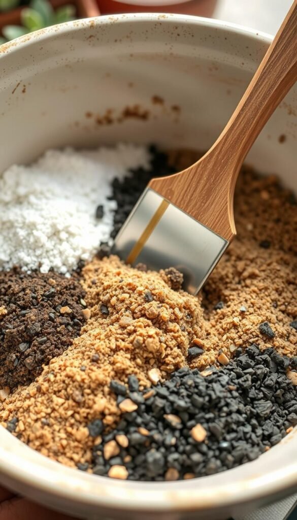 A close-up shot of a mixing bowl filled with various components of a succulent soil mix. The foreground shows a blend of potting soil, coarse sand, perlite, and crushed charcoal, artfully arranged to showcase their unique textures and colors. The middle ground features a gardening trowel gently stirring the mixture, creating a visually appealing pattern. The background is softly blurred, creating a sense of depth and focus on the soil preparation process. The lighting is natural and diffused, casting gentle shadows that accentuate the organic materials. The overall mood is one of calm, mindful gardening, inviting the viewer to engage in the process of creating the perfect growing medium for thriving succulents.