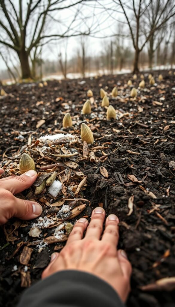 A close-up shot of a wintry garden bed, the soil rich and dark with a dusting of snow. In the foreground, a hand carefully mixes in a blend of organic amendments - dried leaves, shredded bark, and a sprinkling of rock dust. The mid-ground showcases the garden's perennial vegetables, their dormant crowns peeking through the mulch. A soft, overcast light filters through the bare branches overhead, creating a serene, contemplative atmosphere. The overall scene conveys the importance of nurturing the soil to support cold-weather growth and resilience.