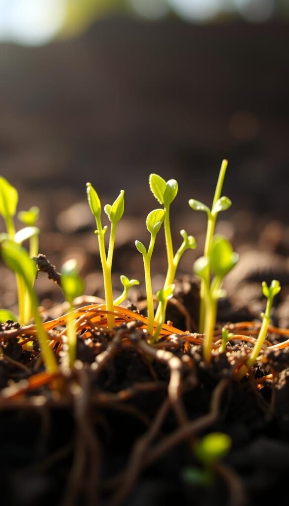 A close-up shot of lush, healthy plant roots emerging from the soil, with delicate seedlings pushing their way up towards the light. The roots are a deep, earthy brown, intertwined in a natural pattern, while the tender, vibrant green shoots stretch upwards, conveying a sense of new life and growth. The image is captured with a shallow depth of field, allowing the roots and seedlings to be the focal point, surrounded by a softly blurred background. Warm, natural lighting illuminates the scene, casting gentle shadows and highlights that accentuate the textures and forms. The overall composition evokes a sense of harmony, balance, and the promise of a thriving garden to come.