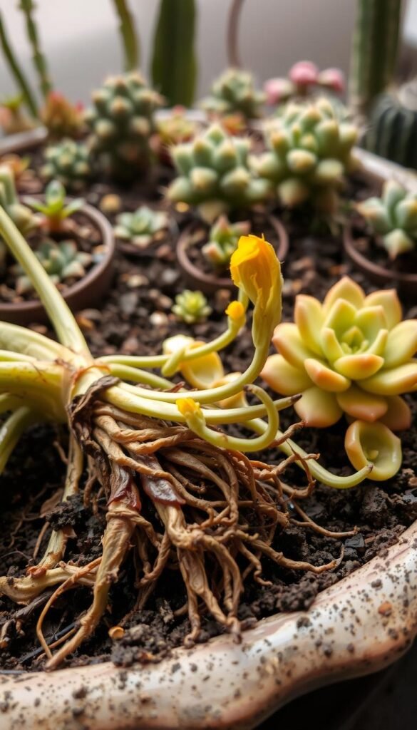 A close-up view of a dish garden displaying the symptoms of root rot. In the foreground, a plant's roots are discolored and decaying, surrounded by moist, compacted soil. The middle ground showcases wilting and yellowing leaves, indicating the plant's distress. The background depicts a cluttered dish garden with various succulents and cacti, their soil appearing dense and oversaturated. Soft, muted lighting illuminates the scene, creating a sense of melancholy and the need for intervention. The overall composition emphasizes the importance of understanding and addressing root rot issues in dish gardens.