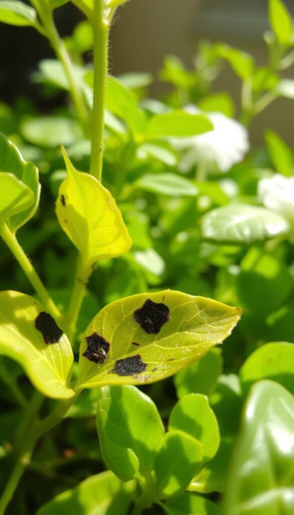 A close-up view of a lush, verdant dish garden, with sunlight filtering through the foliage. In the foreground, the leaves of a plant display discoloration, ranging from yellowed patches to dark, mottled spots, indicating the presence of pests. Zooming in, tiny insects can be seen crawling along the stems and leaf surfaces, disrupting the plant's health. The middle ground showcases other thriving plants, their vibrant green hues contrasting with the distressed specimen. The background is slightly blurred, emphasizing the focal point of the diseased plant. The overall lighting is soft and natural, capturing the delicate ecosystem of the dish garden.