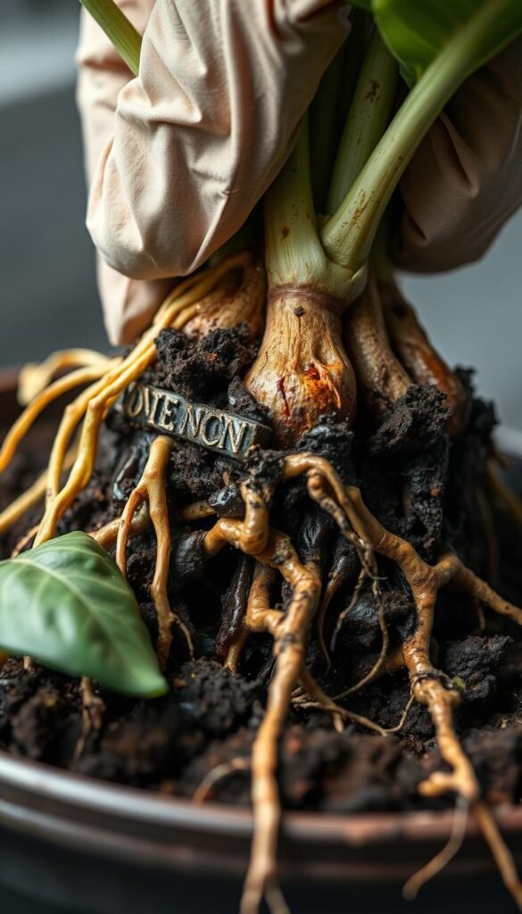 A close-up view of a potted plant's roots, revealing early signs of root rot. The roots appear discolored, mushy, and surrounded by damp soil. A gloved hand gently probes the soil, examining the affected areas. Soft, diffused lighting illuminates the scene, creating a somber, educational atmosphere. The composition focuses on the damaged roots, emphasizing the importance of early detection and effective treatment to remedy the issue. Technical details like a shallow depth of field and a macro lens perspective help to highlight the intricate textures and details of the unhealthy root system.