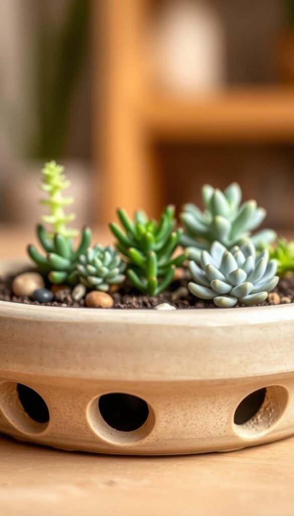 A close-up view of a shallow, round ceramic dish garden container with a perforated bottom for proper drainage. The container has a natural, earthy tone and a slightly textured surface. The foreground showcases the drainage holes, allowing water to easily flow out, preventing root rot. The middle ground features a selection of miniature succulents and small plants, carefully arranged to create a harmonious indoor landscape. The background is softly blurred, emphasizing the container and its contents. Warm, diffused lighting casts gentle shadows, highlighting the delicate details of the plants and the container's material. The overall scene conveys a sense of tranquility and attention to horticultural needs for a thriving dish garden.