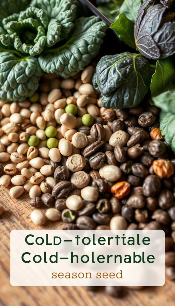 A close-up view of an assortment of cold-tolerant vegetable seeds, including kale, spinach, and other winter-hardy crops, arranged on a wooden surface with soft, natural lighting. The seeds are presented in a visually appealing, organized manner, showcasing their diverse shapes, sizes, and colors. The image conveys a sense of preparation and anticipation for the upcoming winter growing season, with a focus on the importance of careful seed selection for a successful harvest.