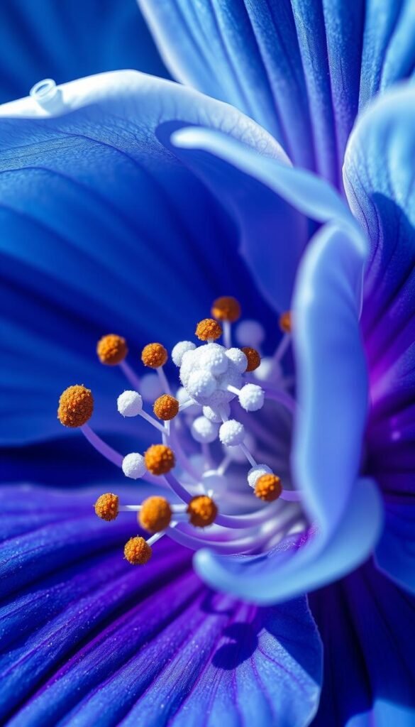 A close-up view of the intricate biochemistry within a vibrant blue flower. The petals are rendered in stunning detail, revealing the complex network of pigments and molecules that give the bloom its captivating hue. Soft, diffused lighting accentuates the delicate structures, capturing the essence of nature's masterful color engineering. The background is softly blurred, allowing the viewer to focus on the mesmerizing inner workings of this botanical marvel. An exquisite, high-resolution image that illuminates the scientific wonder behind the beauty of the blue flower.