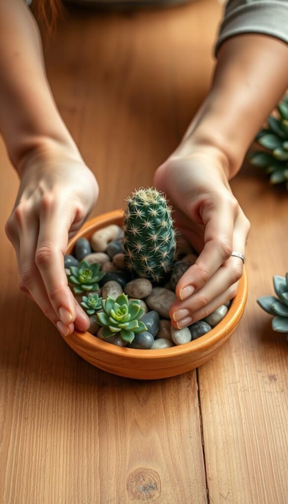 A closeup view of a gardener's hands gently planting a small cactus in a shallow dish garden. The cactus is sitting atop a layer of decorative stones, with lush, green succulents surrounding it. The background is a warm, natural-looking wood surface, illuminated by soft, diffused lighting to highlight the intricate textures of the plants. The overall composition conveys a sense of tranquility and the simplicity of creating a low-maintenance, visually appealing cactus dish garden.