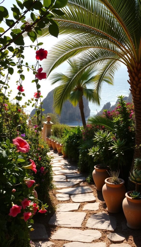A coastal garden scene bathed in warm afternoon sunlight. In the foreground, lush foliage of tropical plants and flowers, including vibrant hibiscus, trailing vines, and towering palm fronds. In the middle ground, a picturesque stone pathway winding through the garden, dotted with weathered terracotta pots overflowing with succulents. In the background, a tranquil ocean view with gently lapping waves, framed by a backdrop of rugged cliffs and a hazy horizon. The overall atmosphere is one of serene, sun-dappled beauty, evoking the enchanting essence of a coastal garden paradise.