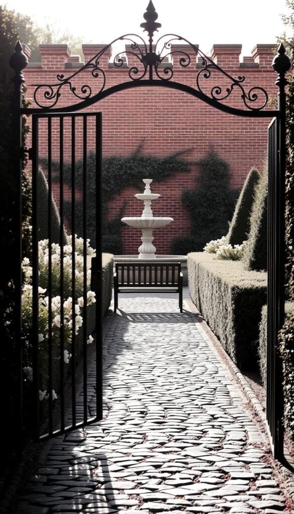 A cobblestone path winds through a lush, manicured garden, flanked by neatly trimmed hedges and vibrant white flowers. In the foreground, a wrought-iron gate stands as a captivating focal point, its intricate design casting soft shadows on the ground. Beyond, a quaint wooden bench invites visitors to pause and admire the serene tableau. The midground is dominated by a ornate water fountain, its gentle trickling creating a soothing ambiance. In the background, a stately brick wall provides a elegant backdrop, accentuating the overall refined and sophisticated atmosphere. Warm, diffused sunlight filters through the scene, casting a gentle glow and enhancing the monochromatic palette.