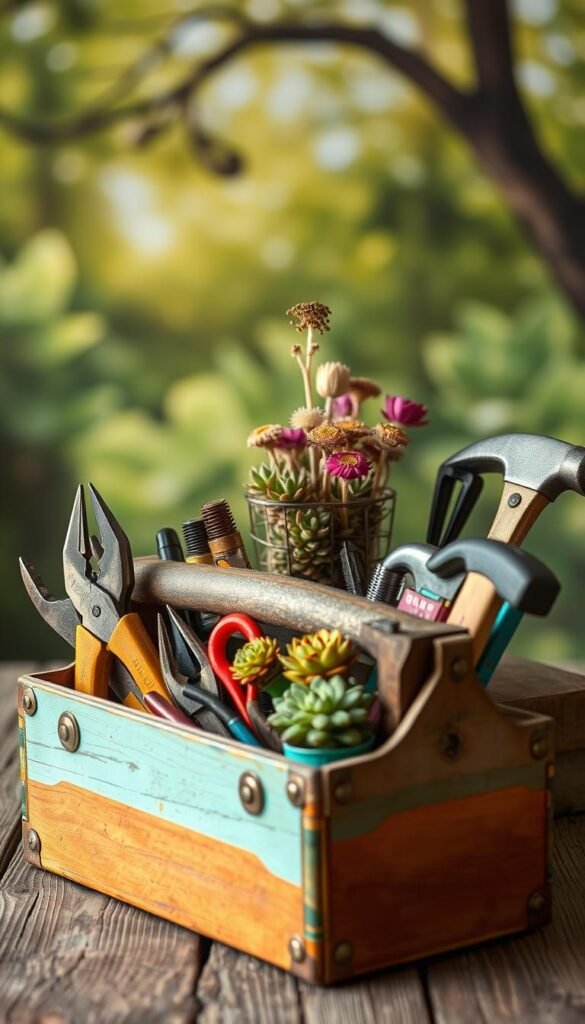 A collection of colorful, eco-friendly upcycling tools arranged artfully on a rustic wooden surface. In the foreground, a repurposed vintage toolbox holds a variety of tools, including pliers, wire cutters, hammers, and a screwdriver set made from recycled materials. In the middle ground, a cluster of succulent plants and dried flowers in repurposed containers add a touch of natural beauty. The background features a softly blurred nature-inspired backdrop, with a gentle, warm lighting that emphasizes the organic and sustainable theme. The overall composition conveys a sense of creativity, resourcefulness, and environmental consciousness.