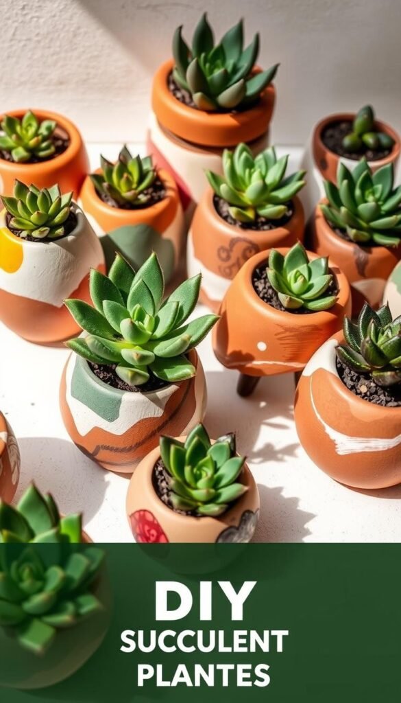 A collection of hand-painted succulent planters in various shapes and sizes, arranged in a natural, organic composition. The planters feature vibrant, abstract designs in earthy tones, complementing the lush, verdant succulents within. Soft, diffused lighting casts gentle shadows, highlighting the textural details of the clay and the unique patterns of the plants. The image has a serene, DIY-inspired aesthetic, inviting the viewer to imagine creating their own personalized succulent display.