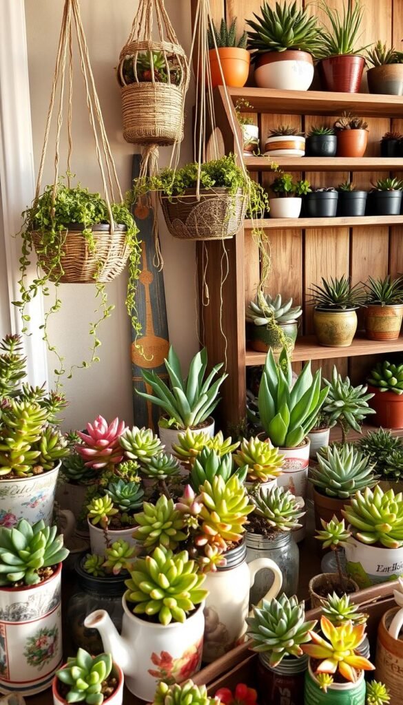 A collection of unique, hand-crafted succulent planters made from repurposed, upcycled materials. In the foreground, an array of vintage teacups, jars, and tin cans overflowing with vibrant, lush succulents in shades of green, purple, and red. In the middle ground, a mix of hanging planters fashioned from old baskets, macrame, and wire frames, cascading with trailing vines. The background features a rustic, wooden shelf displaying a variety of potted succulents nestled in eclectic containers - from ceramic bowls to reclaimed wood planters. Warm, natural lighting casts a soft glow across the scene, highlighting the textures and colors of the upcycled, DIY succulent displays.