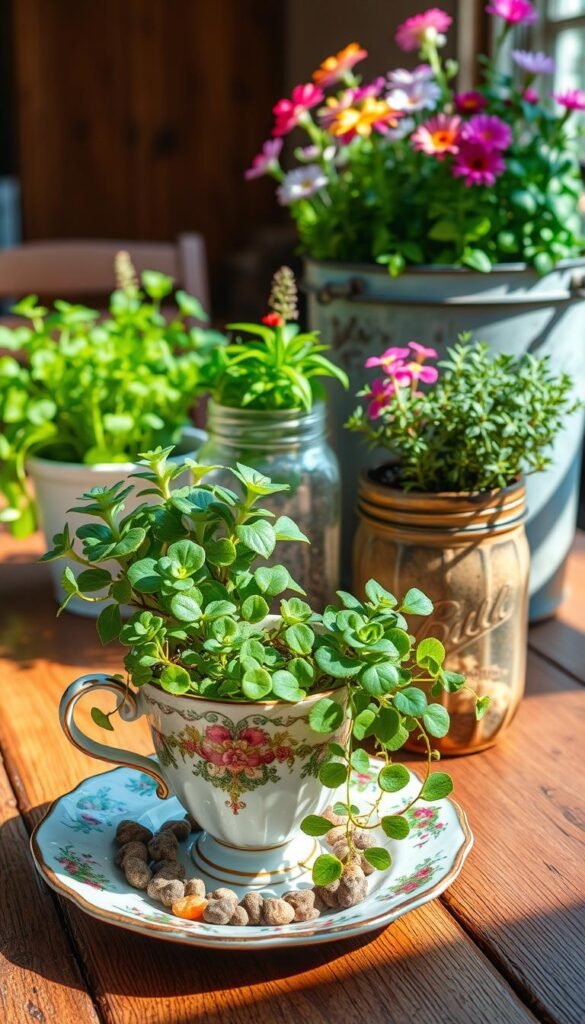 A collection of vibrant, repurposed garden containers sits on a rustic wooden table, bathed in warm, natural light. In the foreground, a vintage teacup spills over with cascading succulents, its mismatched saucer filled with pebbles. Beside it, a mason jar transformed into a planter displays a lush, trailing ivy. In the middle ground, a chipped ceramic bowl holds a flourishing array of herbs, their verdant leaves swaying gently. In the background, a weathered metal bucket overflows with a vibrant mix of flowers, their petals softly illuminated. The overall scene exudes a sense of whimsy and sustainability, showcasing the creative potential of everyday household items as unique, budget-friendly garden containers.