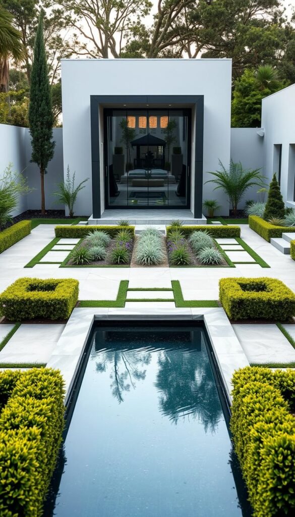 A contemporary backyard oasis with clean geometric shapes, minimalist planting, and sleek water features. The foreground showcases a rectangular reflecting pool framed by precisely trimmed hedges and angular stone pathways. In the middle ground, a series of low-profile garden beds with orderly succulents and grasses create a serene, low-maintenance composition. The background features a modern pavilion or gazebo with sharp lines and floor-to-ceiling glass panels, bathed in soft, diffused natural light. The overall atmosphere is one of uncluttered sophistication, where form and function seamlessly blend for a distinctly 21st-century garden aesthetic.