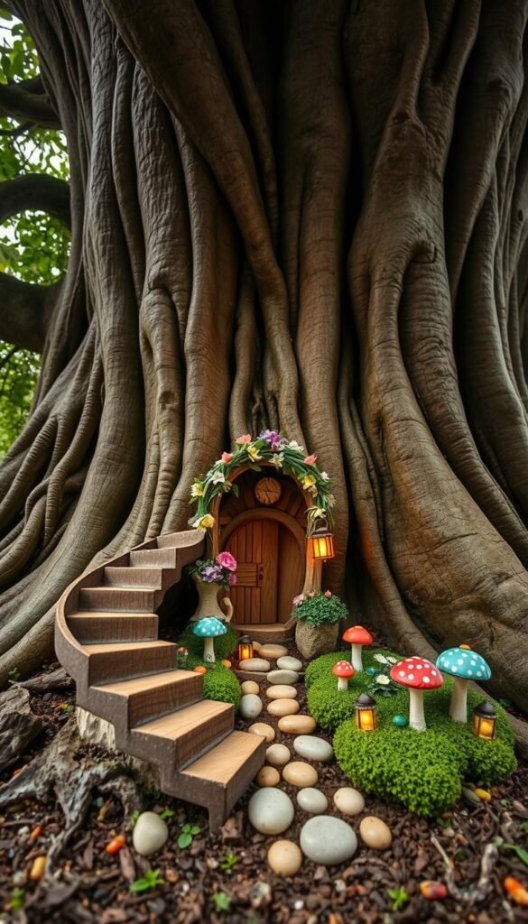 A cozy, DIY fairy house setup, nestled amidst the roots of a majestic oak tree. In the foreground, a miniature staircase leads up to an enchanted entryway, adorned with delicate flowers and intricate woodwork. The middle ground showcases a charming garden, where whimsical mushrooms, colorful pebbles, and tiny lanterns create a magical atmosphere. In the background, the tree's lush foliage casts a warm, natural glow, as if imbued with the essence of the forest itself. The scene is illuminated by soft, ambient lighting, captured with a wide-angle lens to showcase the depth and scale of this captivating DIY fairy house setup.