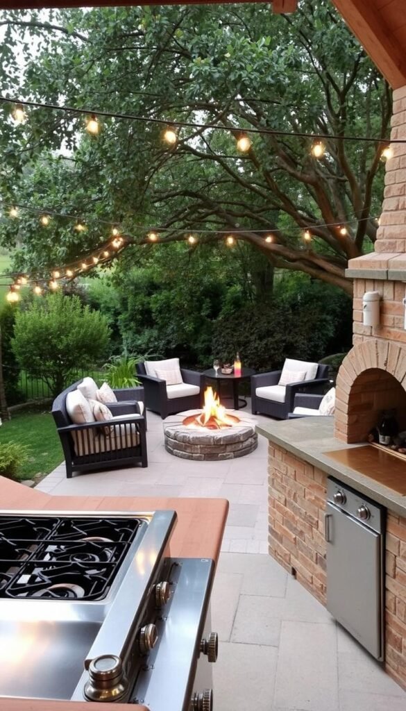 A cozy and functional outdoor BBQ area set in a lush garden. In the foreground, a high-quality stainless steel grill with multiple burners and a side burner, surrounded by a sturdy wooden counter with ample prep space. Nearby, a built-in stone or brick pizza oven with a rustic, weathered appearance. In the middle ground, a cluster of comfortable outdoor sofas and armchairs arranged around a central firepit, its flames casting a warm, flickering glow. In the background, a mature canopy of trees and shrubs, creating a sense of seclusion and privacy. Soft bistro lighting illuminates the scene, casting a cozy, inviting atmosphere. The entire setup is designed with a cohesive aesthetic, blending natural materials and earthy tones for a harmonious, garden-inspired look.