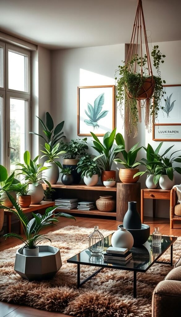 A cozy and harmonious indoor garden setting, bathed in warm, natural lighting from large windows. In the foreground, lush, vibrant houseplants in elegant ceramic planters are artfully arranged on a rustic wooden shelving unit. The middle ground features a plush, earthy-toned area rug and a low, minimalist coffee table with sleek, geometric decor pieces. In the background, walls are adorned with framed botanical prints and a hanging macrame plant holder cascades with trailing vines. The overall atmosphere is one of serene sophistication, inviting the viewer to immerse themselves in a harmonious blend of nature and modern design.