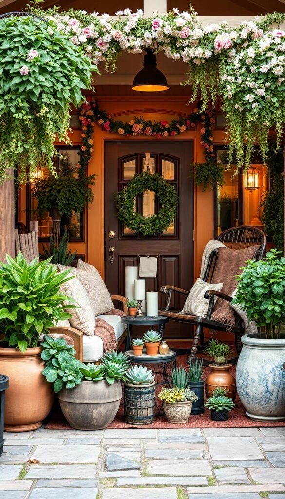 A cozy and inviting front porch decorated with a mix of natural textures and vibrant colors. In the foreground, a rustic wooden bench adorned with plush cushions and blankets, flanked by large potted plants overflowing with lush greenery. In the middle ground, a vintage rocking chair and a small side table displaying a collection of potted succulents and candles. The background features a beautifully crafted wooden door frame, surrounded by delicate floral garlands and hanging baskets bursting with cascading vines. The scene is illuminated by a warm, golden light, creating a welcoming and charming atmosphere.