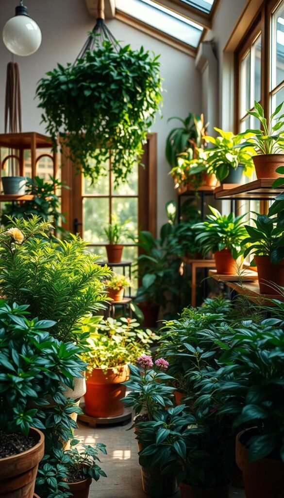 A cozy and inviting indoor garden setting, bathed in soft, warm lighting. In the foreground, a lush array of thriving potted plants of various sizes and species, their verdant foliage and blooms creating a harmonious and visually appealing display. In the middle ground, wooden shelves or plant stands showcasing more greenery, complemented by natural textures and earthy tones. The background features a large window or glass door, allowing natural sunlight to pour in and create a serene, serene atmosphere. The overall composition evokes a sense of tranquility, connection with nature, and a welcoming, rejuvenating ambiance, perfectly capturing the essence of an indoor gardening journey.