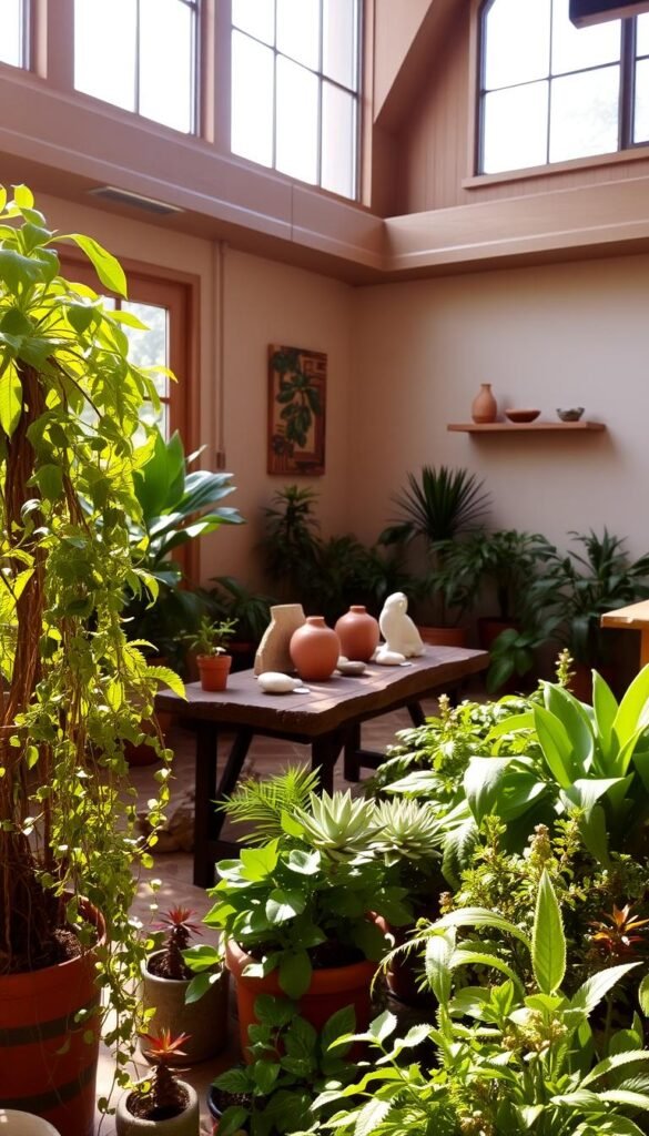 A cozy and inviting indoor landscape, bathed in warm, natural lighting from large windows. In the foreground, a lush arrangement of potted plants - leafy ferns, trailing vines, and vibrant succulents, carefully curated to create a harmonious display. The middle ground features a rustic wooden table or shelf, adorned with decorative stones, small sculptures, and perhaps a terracotta pot or two. The background showcases a minimalist, yet elegant, wall decor, such as floating shelves or a simple framed artwork, complementing the natural, earthy tones of the scene. An atmosphere of tranquility and serenity pervades the space, inviting the viewer to imagine themselves immersed in this serene indoor oasis.