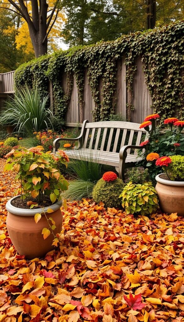 A cozy autumn garden scene, with a warm color palette of golden hues, fiery reds, and deep oranges. In the foreground, a mix of vibrant fallen leaves carpet the ground, accentuated by weathered terracotta pots filled with cascading vines. In the middle ground, a rustic wooden bench sits amidst lush, textured foliage - a mix of ornamental grasses, hardy perennials, and vibrant mums. The background features a wooden fence lined with climbing vines, creating a sense of depth and enclosure. Soft, diffused lighting filters through the trees, casting a gentle, autumnal glow over the entire scene. The atmosphere is one of tranquility and seasonal charm, inviting the viewer to pause and savor the beauty of nature's changing seasons.