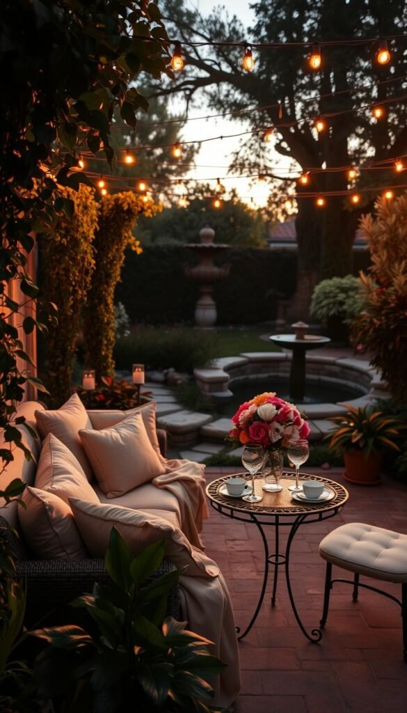 A cozy backyard oasis bathed in warm, golden hour lighting. In the foreground, a plush outdoor sofa and loveseat arrangement adorned with lush, flowing fabrics and an abundance of soft, textured throw pillows. Potted plants and cascading vines frame the seating area, creating a sense of lush, natural seclusion. The middle ground features a delicate, wrought-iron bistro table set with fine china, crystal glassware, and a centerpiece of fragrant, colorful blooms. Overhead, a canopy of twinkling string lights casts a dreamy, romantic glow. In the distance, a tranquil water feature, like a small pond or fountain, adds a soothing, ambient soundtrack. The overall atmosphere evokes a serene, intimate escape, perfect for an enchanting garden date.