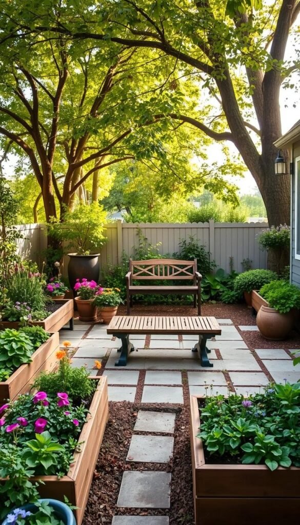A cozy backyard with a lush, low-maintenance garden. Raised planting beds filled with vibrant flowers and herbs, surrounded by neatly trimmed greenery. In the center, a simple yet elegant patio with a rustic wooden bench, inviting for relaxation. Soft, natural lighting filters through the canopy of nearby trees, creating a warm, inviting atmosphere. The scene conveys a sense of tranquility and budget-friendly charm, perfect for an afternoon of casual outdoor living.