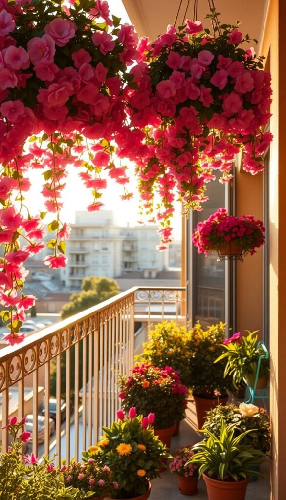 A cozy balcony bathed in warm, golden sunlight, adorned with an elegant arrangement of potted flowers. In the foreground, a vibrant mix of blooming plants cascade from hanging baskets, their petals gently swaying in the breeze. In the middle ground, clusters of colorful potted plants, carefully curated to create a lush, harmonious display. The background features a serene cityscape, with buildings softened by the afternoon light. The scene exudes a sense of tranquility and invites the viewer to imagine relaxing amidst this oasis of natural beauty, surrounded by the sights and sounds of the urban environment.