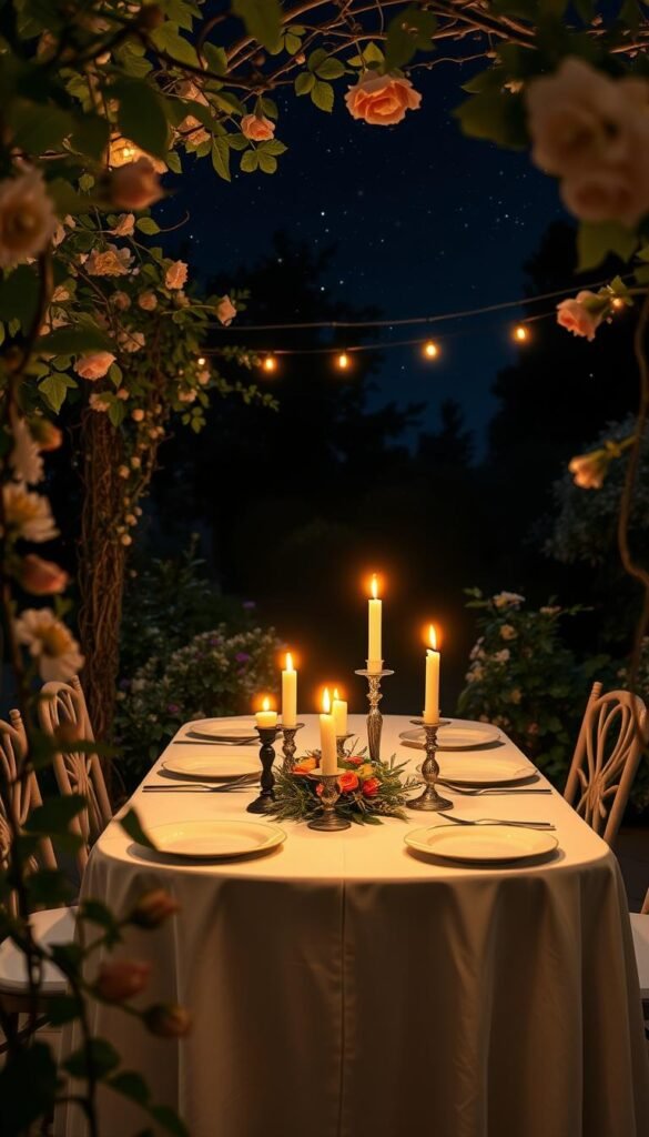 A cozy candlelit dinner setup in a lush, romantic garden. The table is adorned with a crisp white tablecloth, elegant place settings, and a centerpiece of flickering candlesticks casting a warm, intimate glow. Trailing vines and blooming flowers frame the scene, creating a secluded, enchanting atmosphere under the starry night sky. The camera angle is low, capturing the inviting ambiance and sense of tranquility, as if the viewer is seated at the table, ready to savor a delectable meal and cherished moments with a loved one.