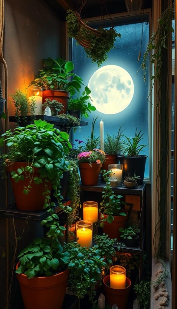 A cozy container garden nestled in a mystical, moonlit atmosphere. Lush, overflowing pots brimming with diverse herbs, flowers, and trailing vines cascade down tiered shelves. Flickering candles cast a warm, ambient glow, while whimsical glass orbs and quartz crystals catch the soft lunar light. The scene exudes a sense of flexibility, with the container arrangement adaptable to small spaces. Earthy tones, organic textures, and a touch of celestial magic create an enchanting, witchy vibe. Captured through a wide-angle lens, the image showcases the versatility and charm of a container garden oasis.