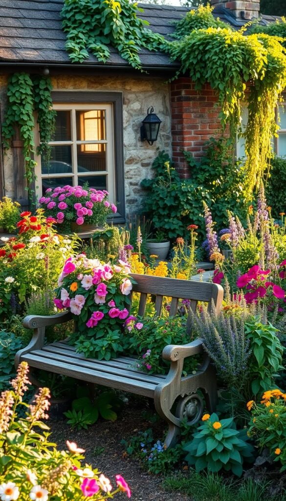 A cozy cottage nestled among lush gardens, surrounded by abundant florals and trailing vines. The foreground showcases a charming wooden bench adorned with blooming plants, inviting visitors to sit and soak in the serene countryside ambiance. The middle ground features a vibrant mix of perennials, annuals, and fragrant herbs in a whimsical, artful arrangement. In the background, a weathered stone wall serves as a natural backdrop, complementing the rustic, welcoming atmosphere. Warm, golden sunlight filters through the scene, casting a soft, inviting glow and enhancing the overall sense of tranquility and cottage garden charm.